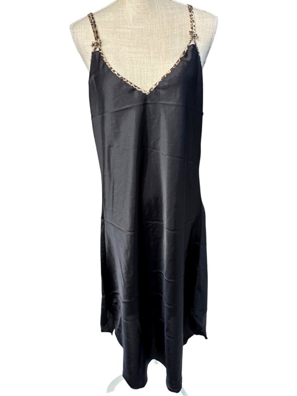 Black Satin Nightgown With Leopard Trim & Spaghetti Straps 1X